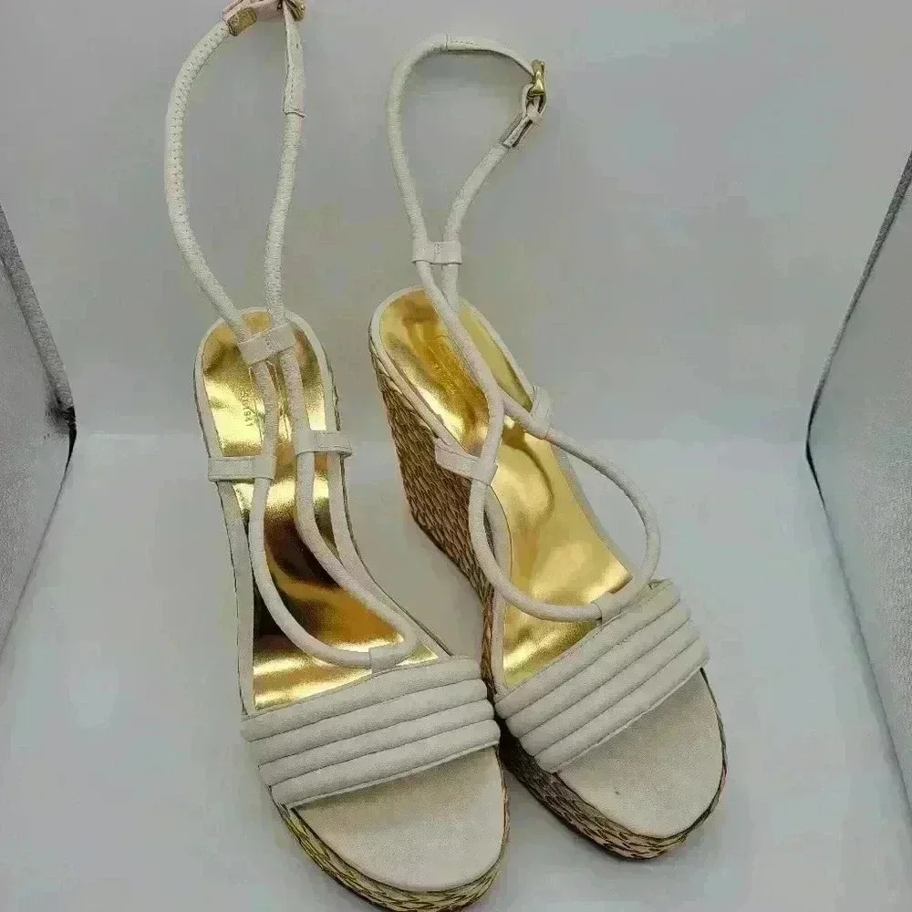 Beautiful! COACH A3259 Blanch Soft Napa White Ankle Strap Gold Wedge Shoes